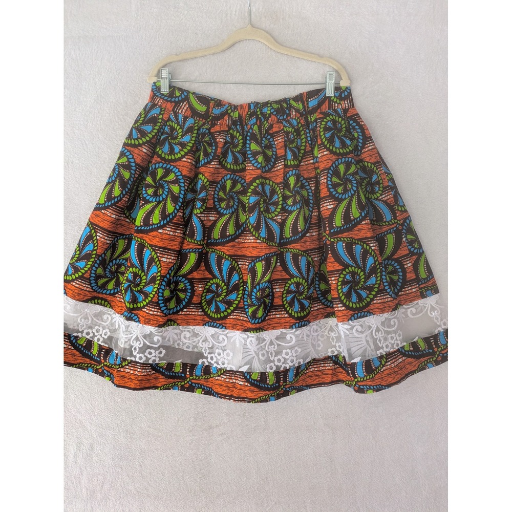 Handmade A-Line Skirt Women's M Orange Blue African Wax Print Lace Trim